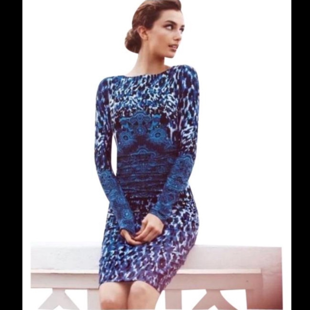 DAVID MEISTER Blue Black Long Sleeve Print Cocktail Dress 8